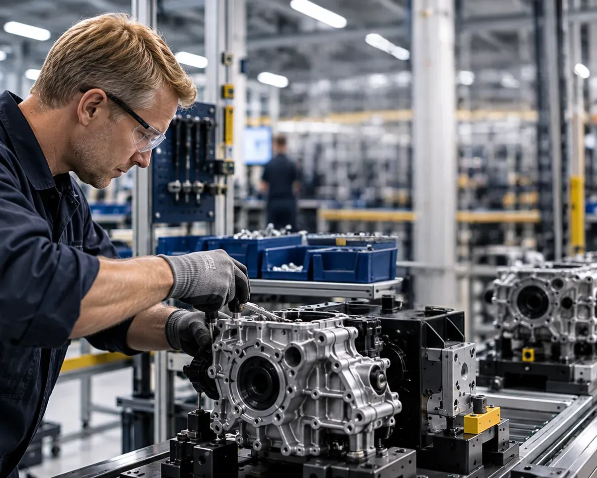 Operator assembling a gearbox housing next to a station screen