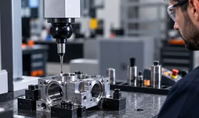 Touch probe measuring a machined aluminum housing, CAD model on the monitor behind