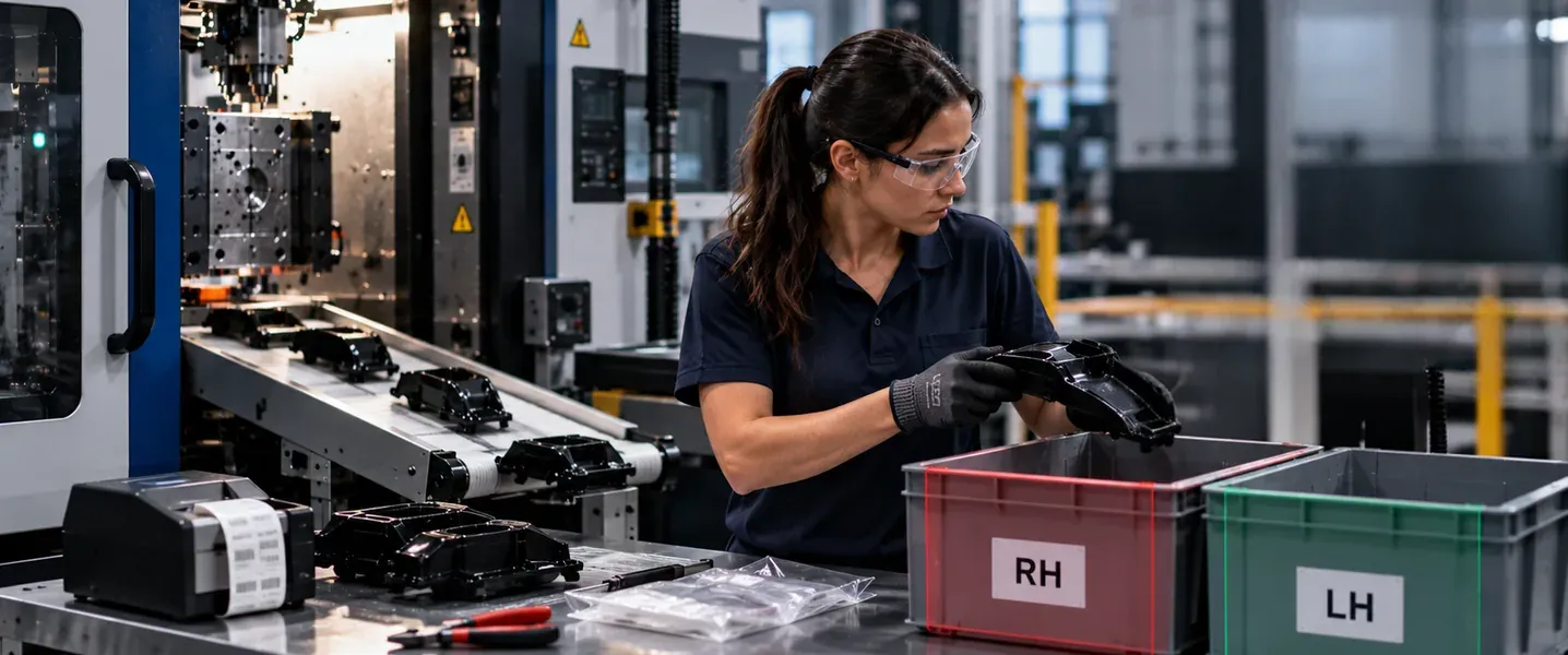 Operator placing a molded fender cover into bins marked RH and LH, a wrong-box alert on the monitor