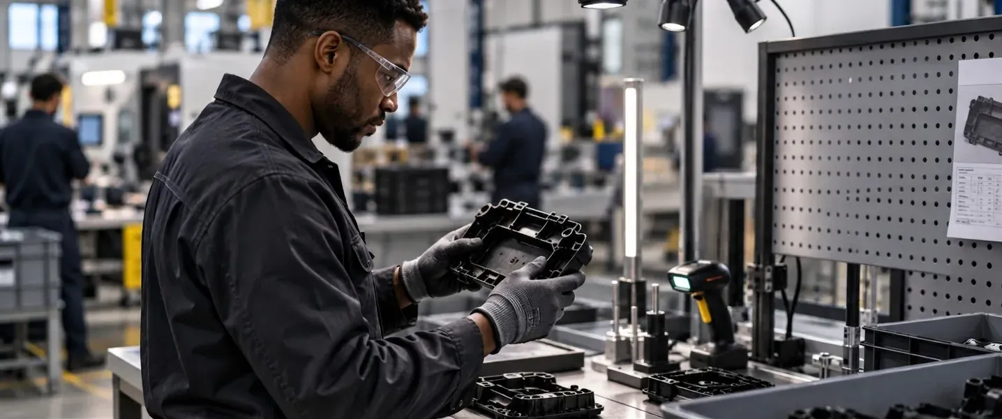 Inspector checking a black molded housing, pass and scrap counts and dwell time on a monitor