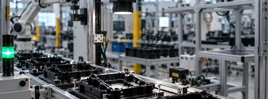 Molded housings on an inspection conveyor, the camera image of a part on a monitor