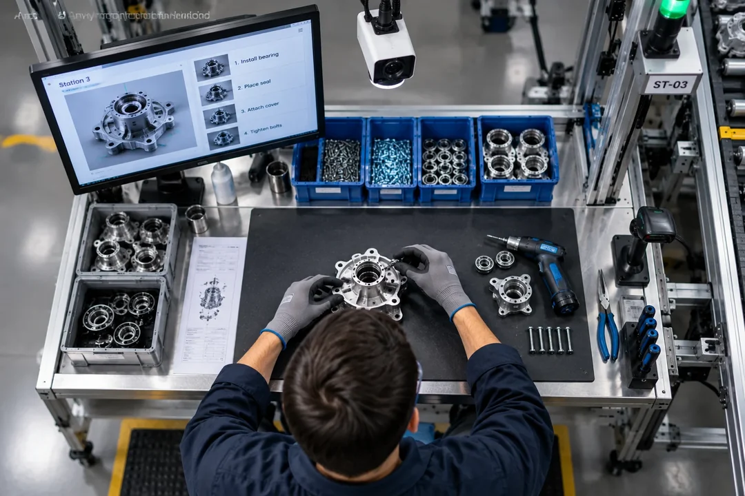 Operator assembling a part at a bench seen from the station camera