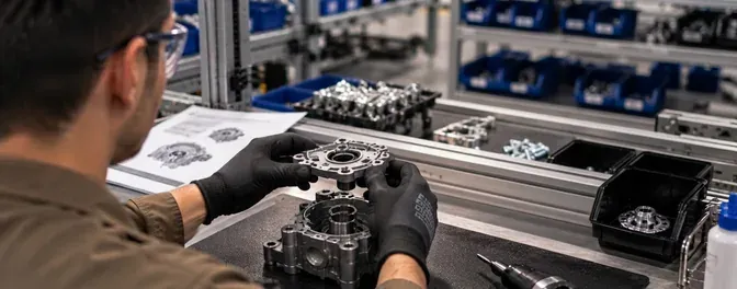Operator placing a part while the station screen shows the current build step