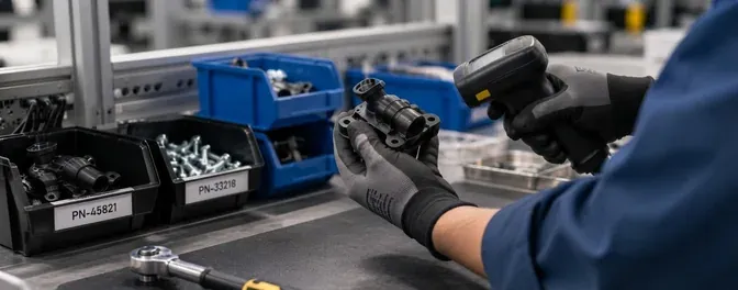 Operator scanning a part against labelled bins with a correct part check on screen