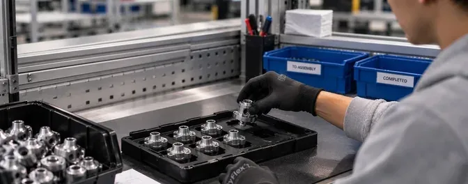 Operator placing parts into a tray while the screen counts eight of eight