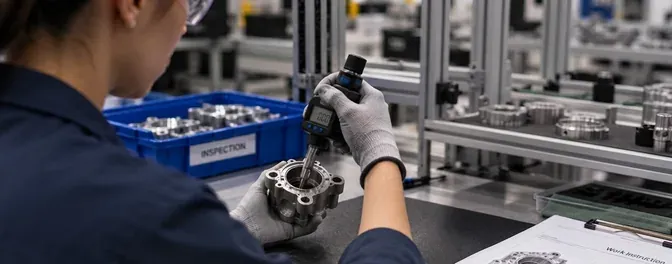 Operator gauge-checking a bore while the screen times the inspection