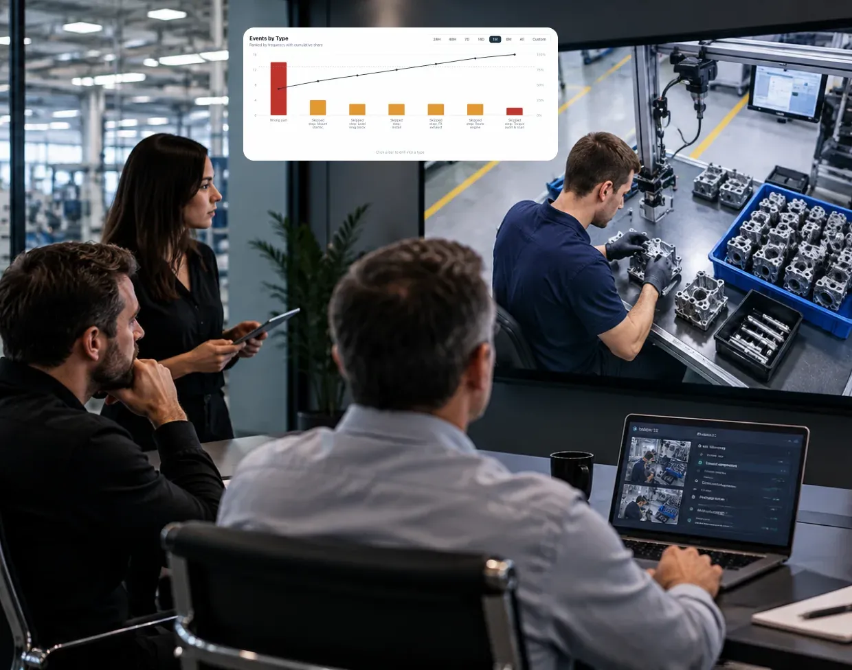 Engineers reviewing station footage of an operator on a large screen